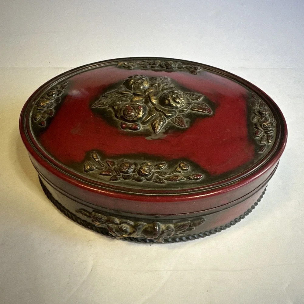 Vintage Burgundy Resin Oval Trinket Box Red Gold W/ Sculpted Floral Decorations